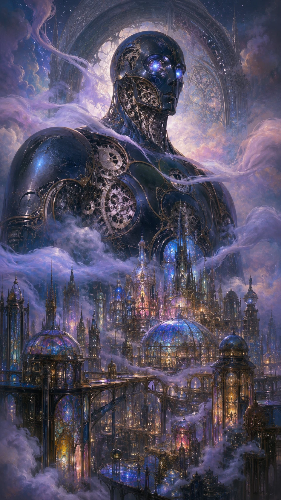 Giant blue automaton guarding a mystical glass and brass city