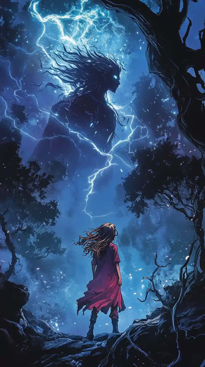 Young sorceress facing a cursed rival in dark forest