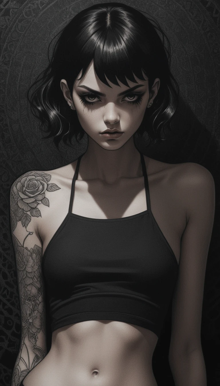 Gothic tattooed woman in dramatic manga style portrait