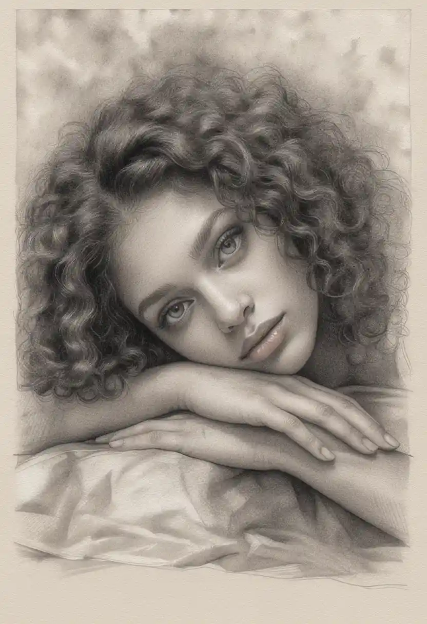 Charcoal pencil portrait of a girl resting on her arms