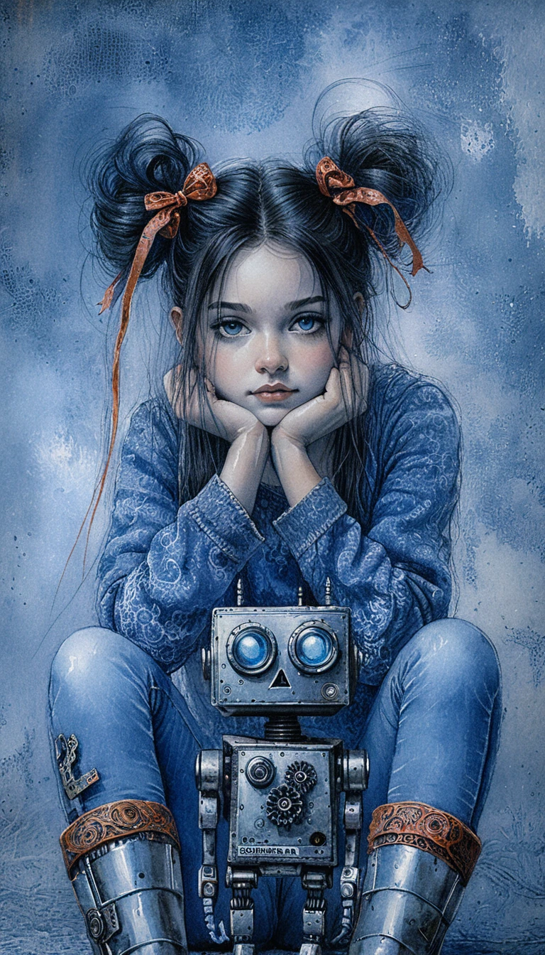 Mädchen freundet sich mit kleinem Vintage-Roboter in warmer Illustration an