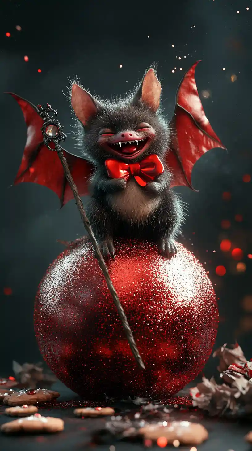 Cute fluffy bat on glittering red ball with cookies