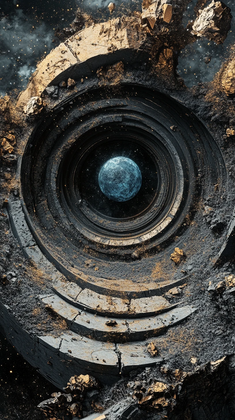 Layered stone circles around a central blue crystal