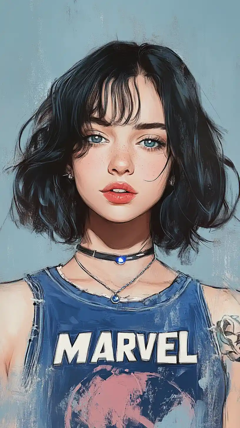 Colored pencil portrait of girl with silver bob hair
