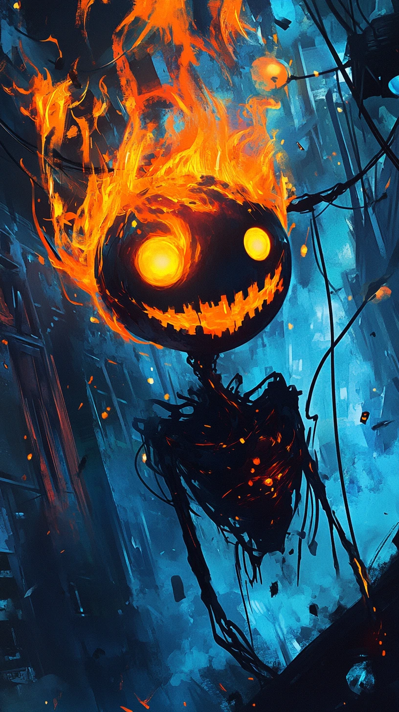 Terrifying Fire Spirit Smiling Amid Ruins And Blue Flames