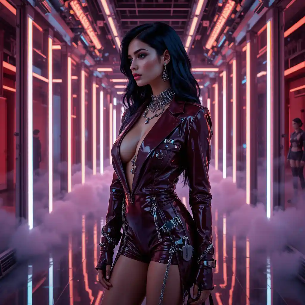 Cyberpunk fashion portrait of a seductive neon lit woman