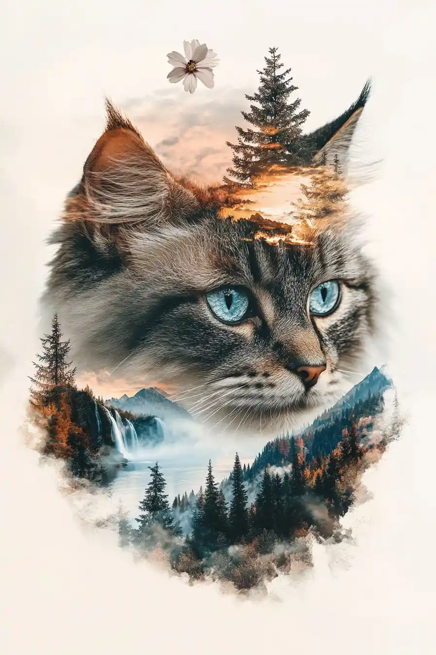 Double exposure portrait of a cat with mountain sunset