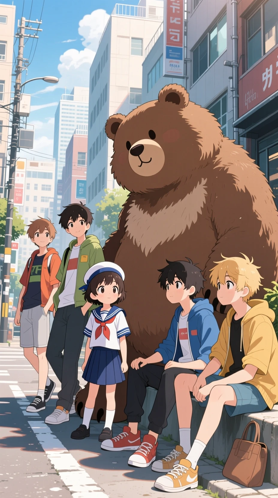 Anime kids and beast relaxing together on city street