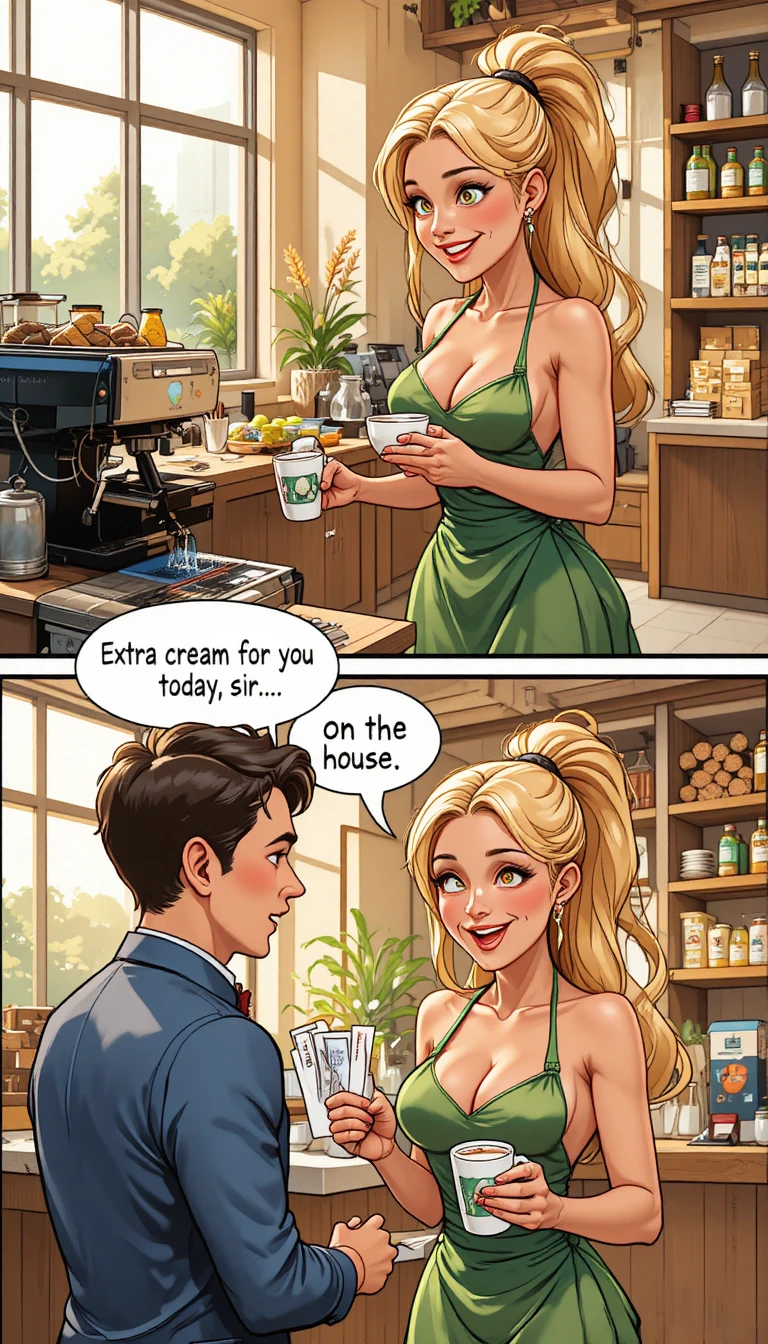 Curvy blonde barista pouring coffee in a bright cafe