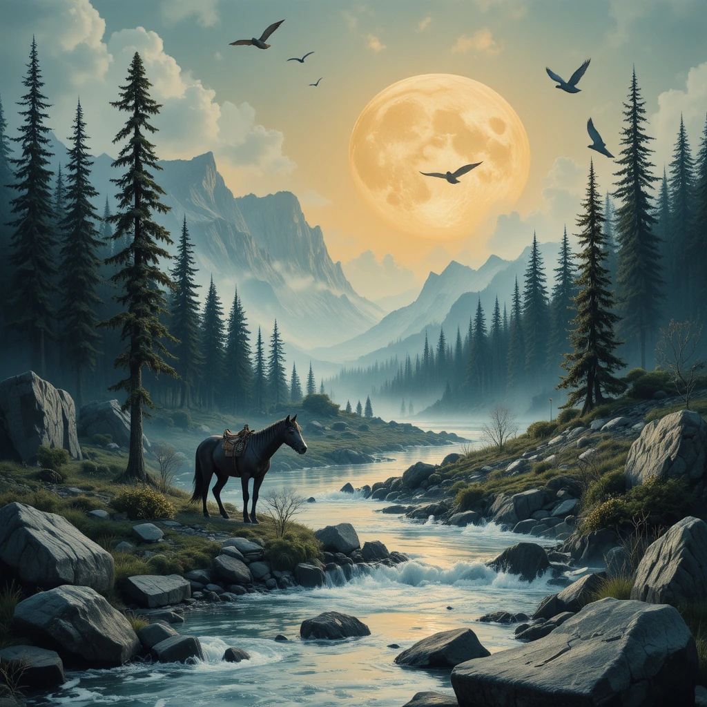 Wolf resting by a silver river in quiet nature