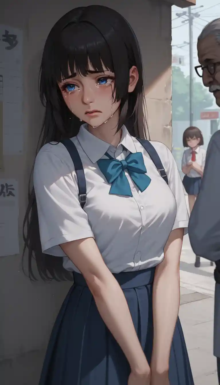 Crying anime schoolgirl with blue eyes being hugged