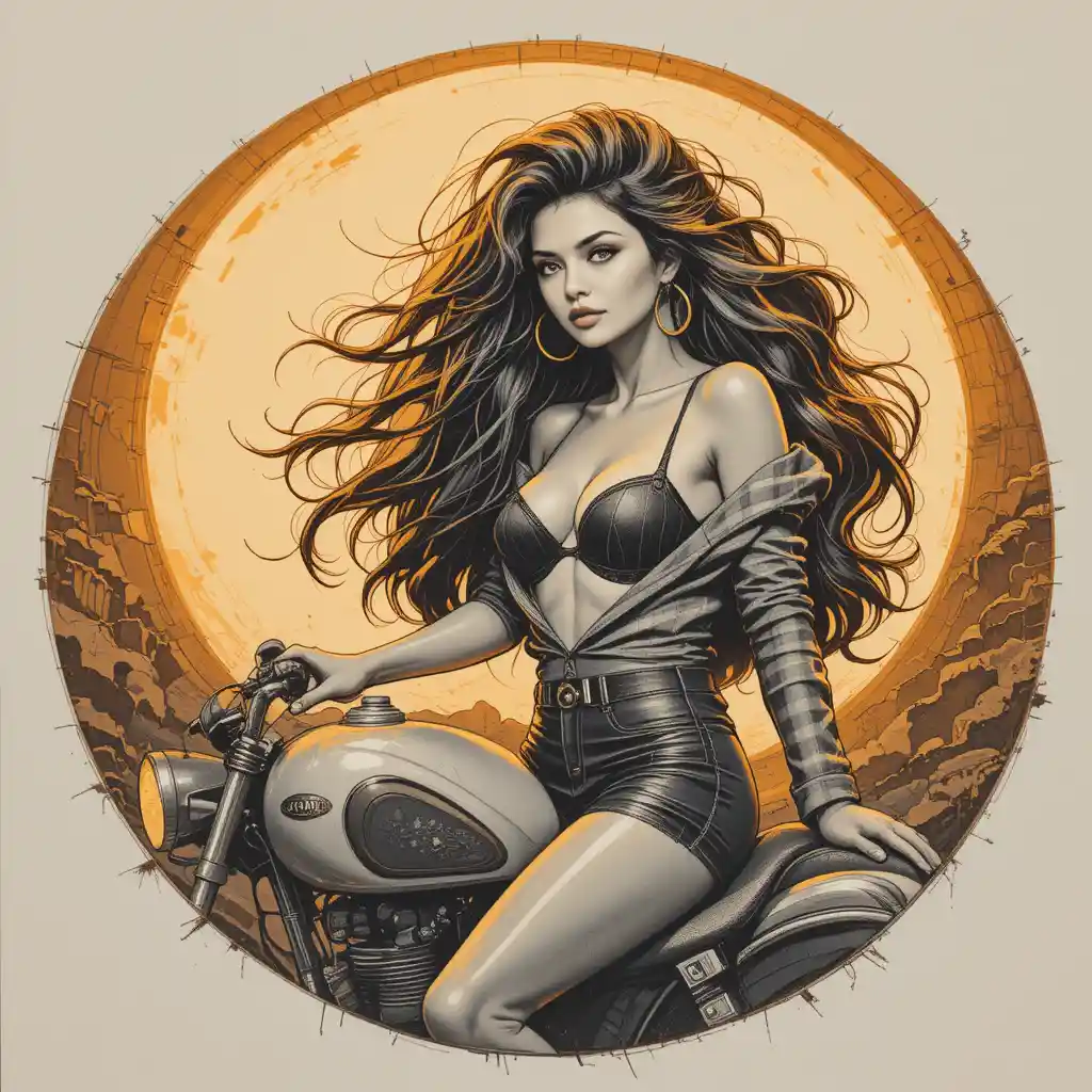 Glamorous woman on cruiser motorcycle in golden backlight