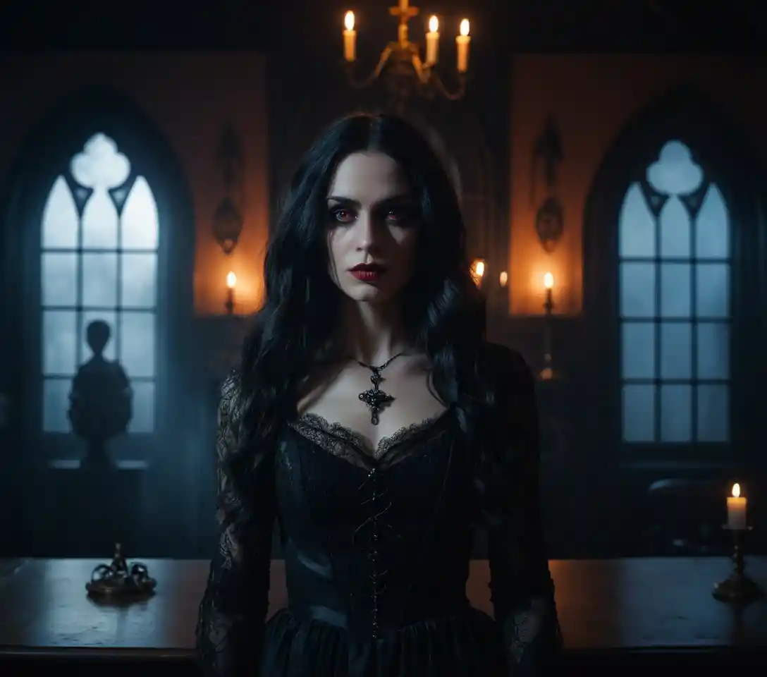 Sensual woman in a surreal gothic bedroom with candlelight