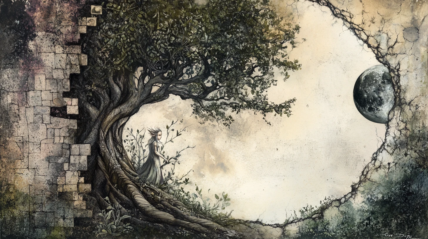 Elf beside an ancient tree in a dreamlike surreal world