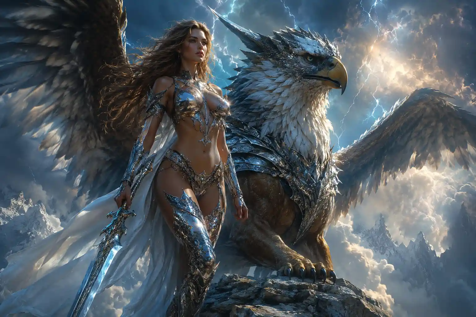 Warrior woman and storm griffin on a dramatic mountain ledge