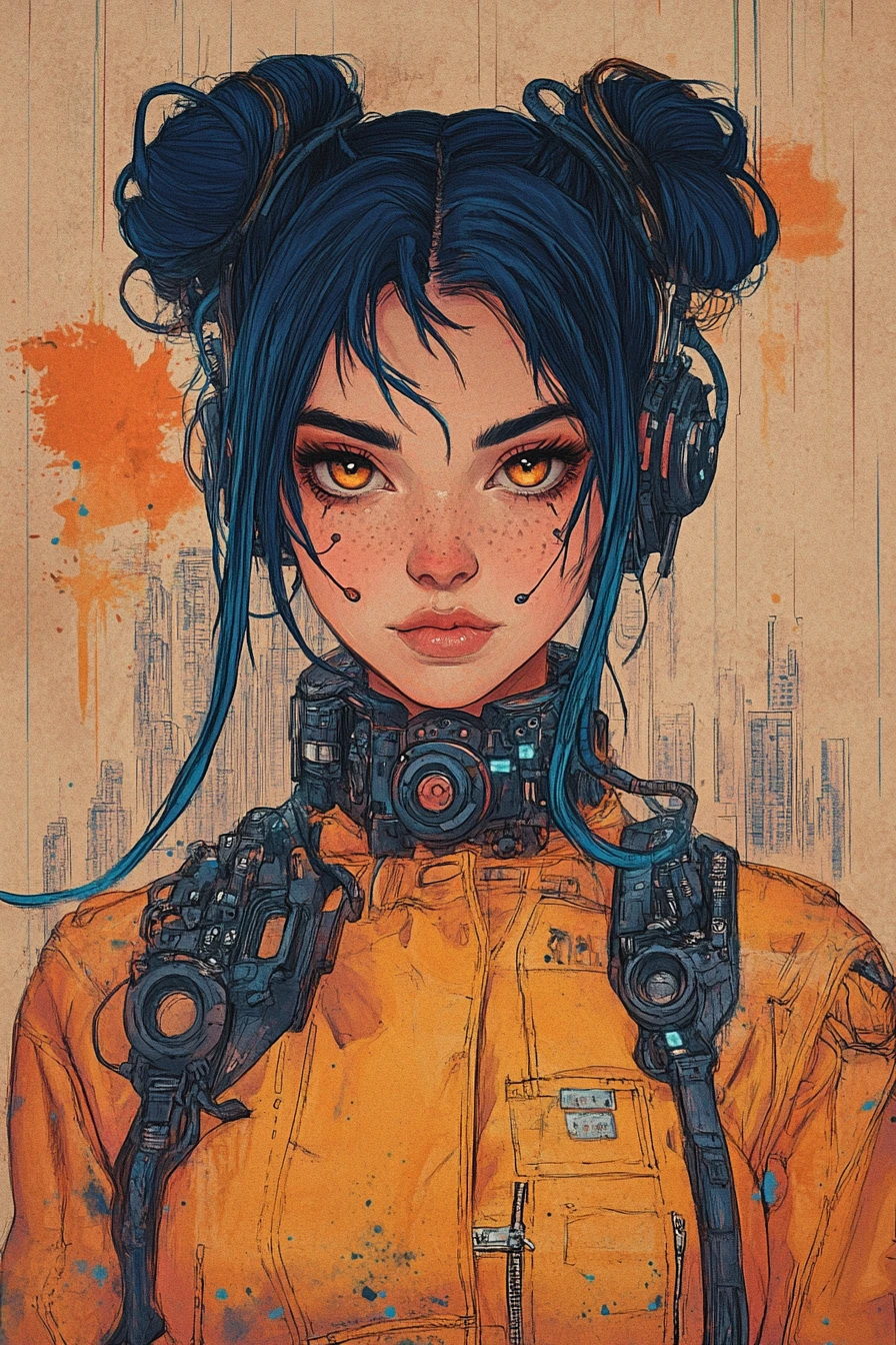 Cyberpunk woman portrait in comic ink and pencil style