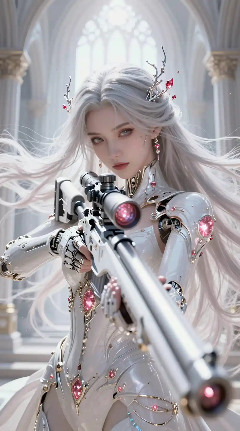 Futuristic silver haired sniper aiming in a luminous cathedral