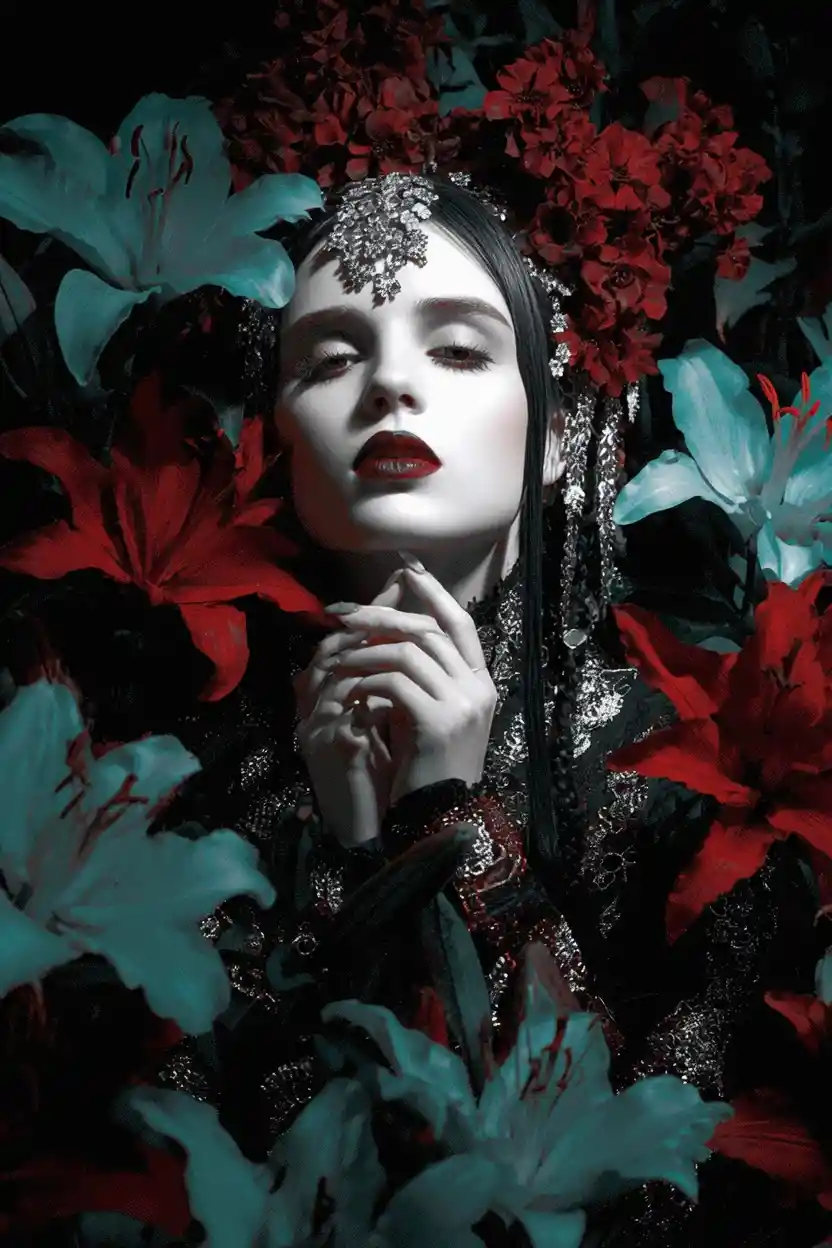 Calm supermodel portrait in a limited color nightmare