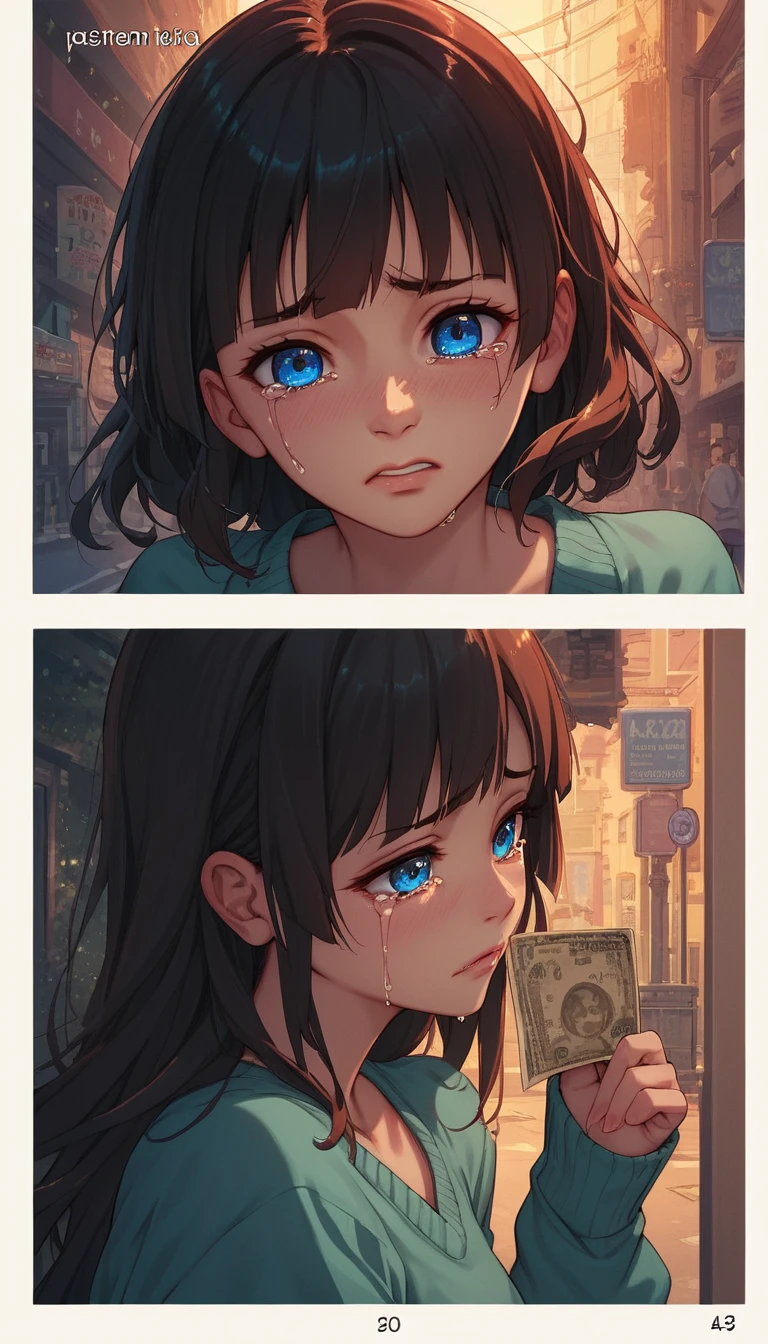 Anime girl with blue eyes crying in emotional portrait