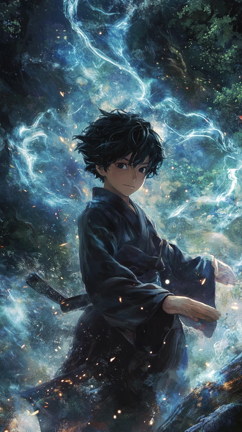 Anime boy facing sorceress in a dark magical forest