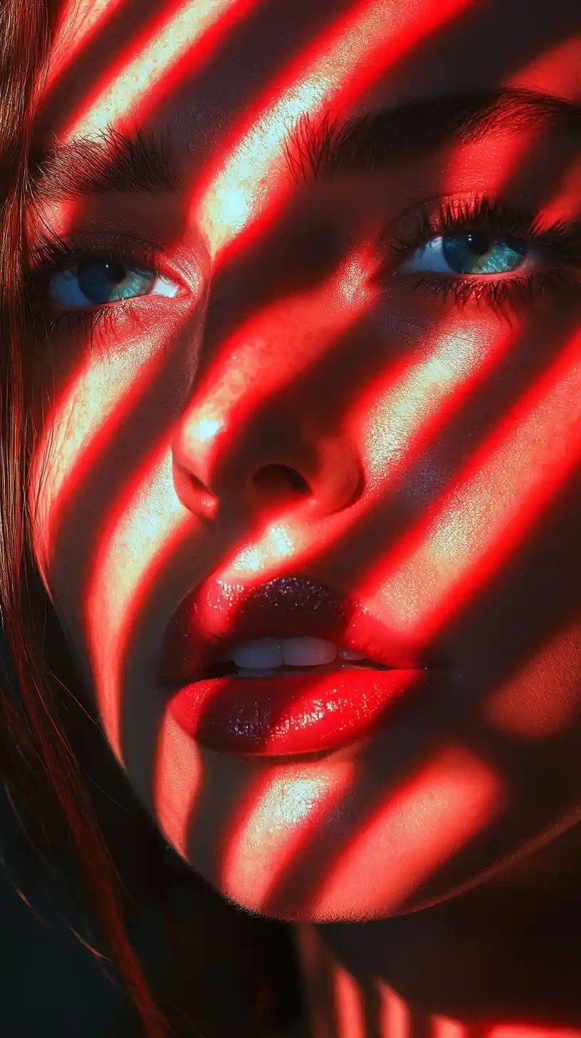Dramatic close up portrait of a woman with red shadows