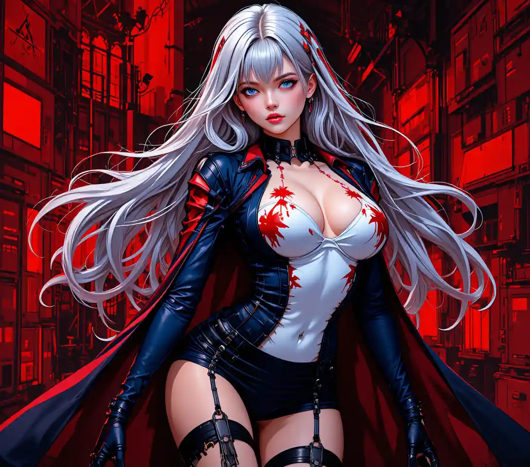 Silver haired anime girl in bold red and black portrait