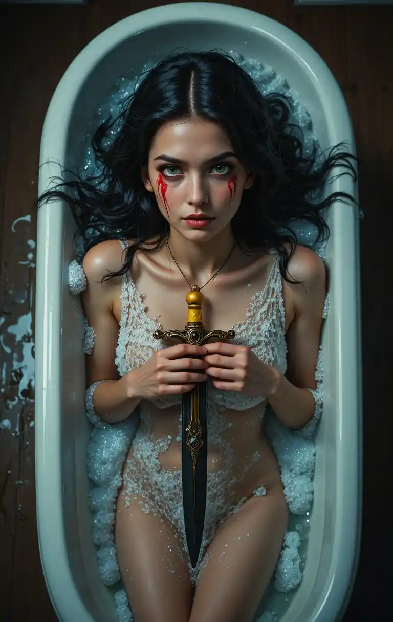 Young woman with dagger lying in a foamy bathtub