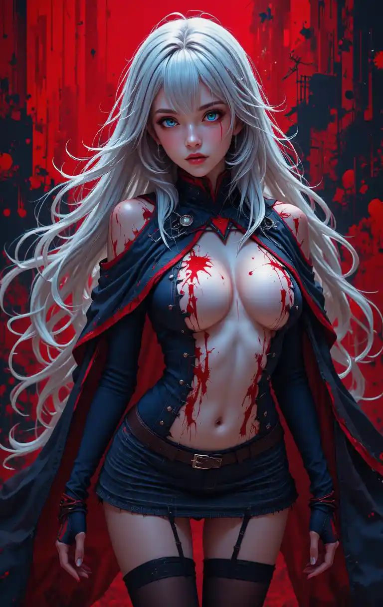 Silver haired anime girl in bold red and black portrait
