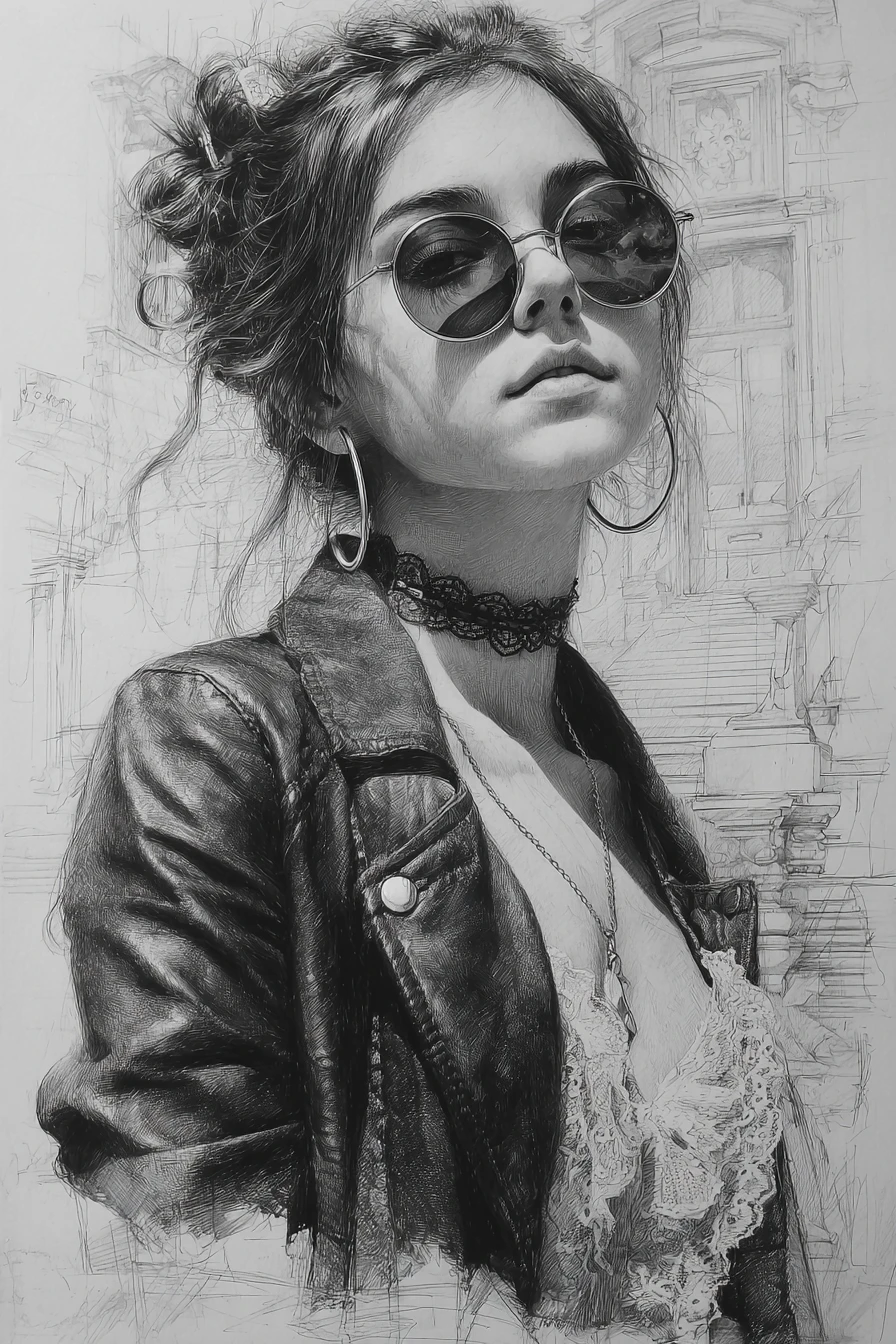 Pencil portrait of a young woman in round sunglasses