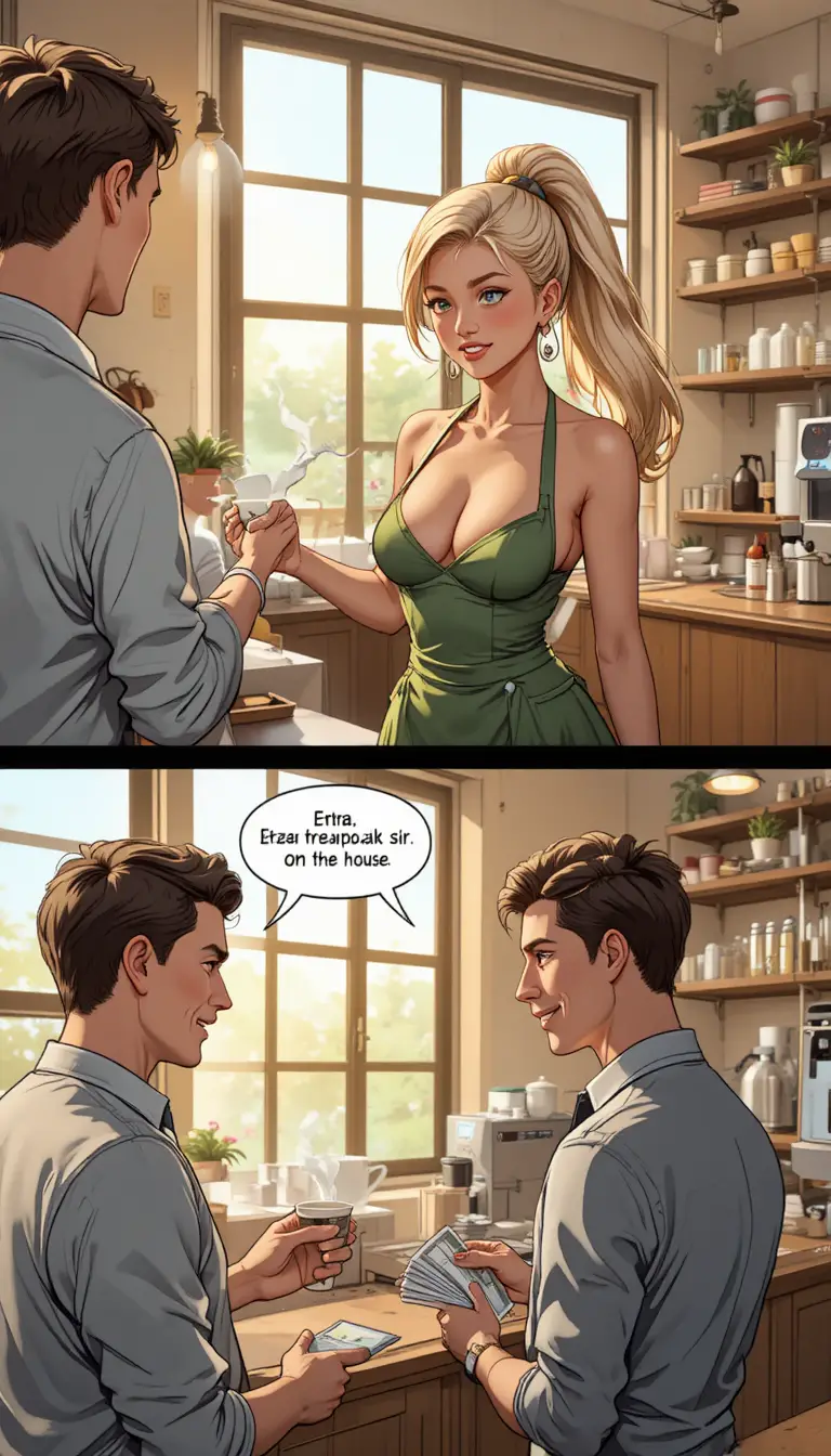 Barista bionda e formosa che serve caffè in un bar luminoso