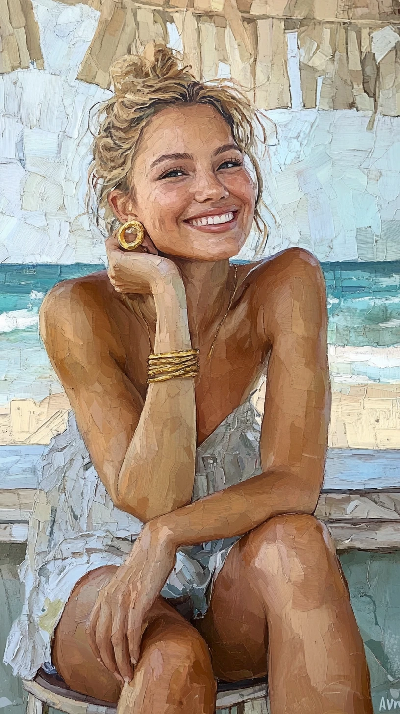 Happy blonde woman seated at a beach bar portrait