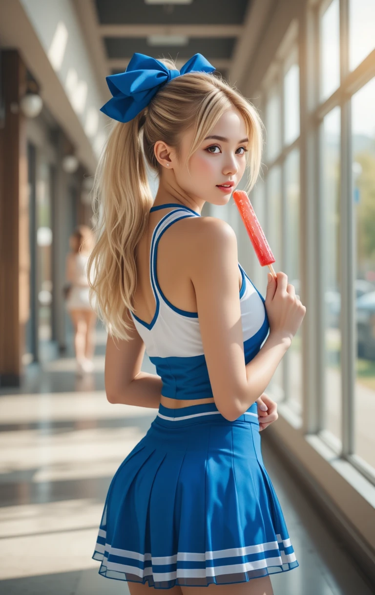 Blonde cheerleader with popsicle in bright indoor mall