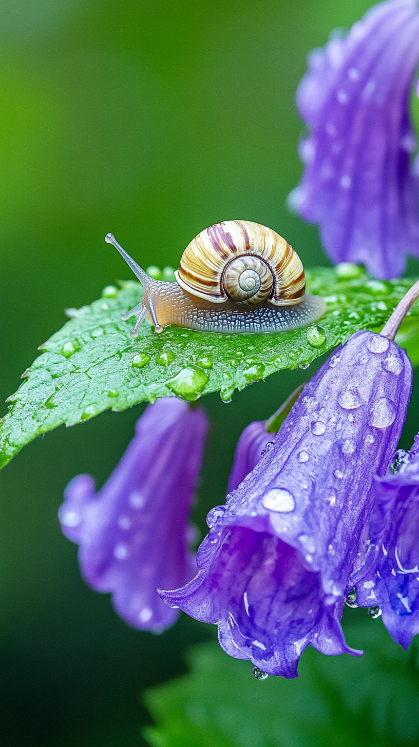 Caracol en macro sobre hoja con gotas de lluvia y flores de campana