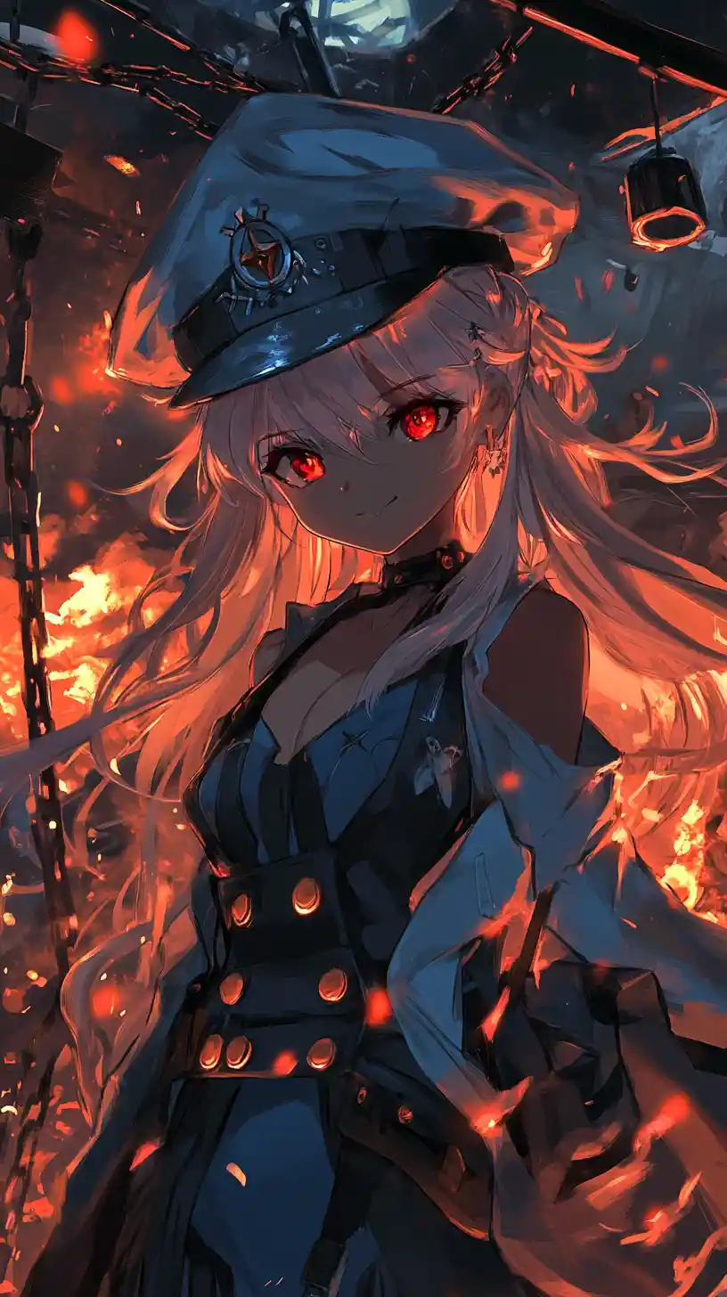 Smiling fire monster blazing in blue flames among ruins