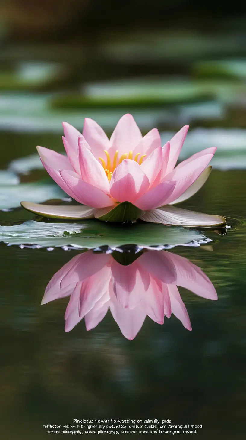 静かな水面にそっと浮かぶピンクの蓮の花