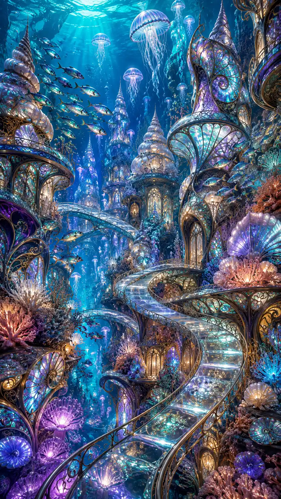 Iridescent underwater city of shells coral and glass paths