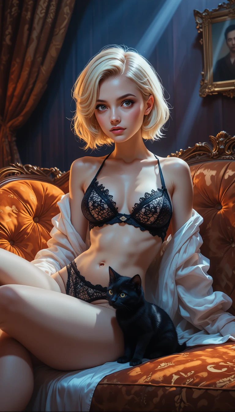 Sensual blonde woman lounging with kitten on ornate couch