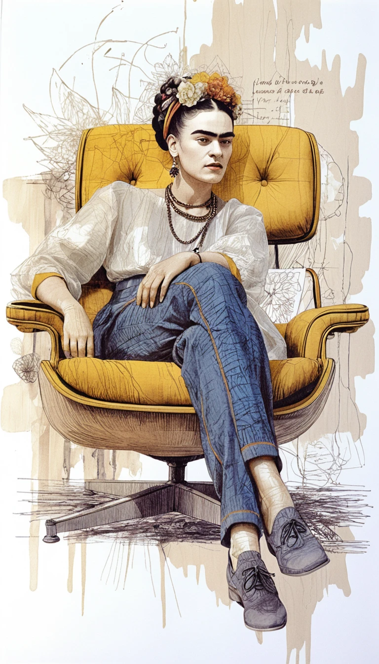 Frida inspired woman in ink sketch seated in lounge chair