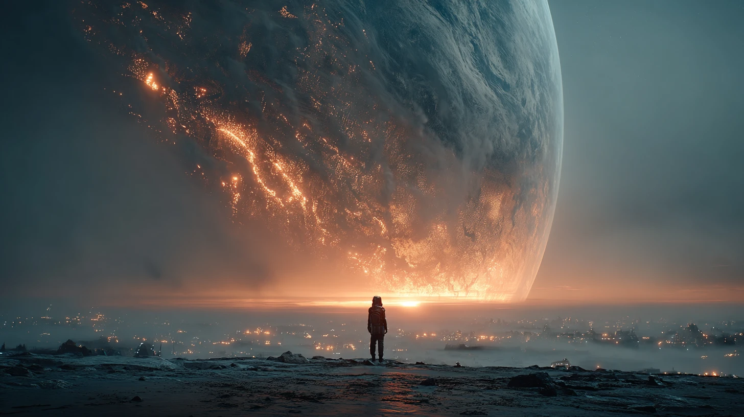 Lone human beneath colossal alien planet in dark sky