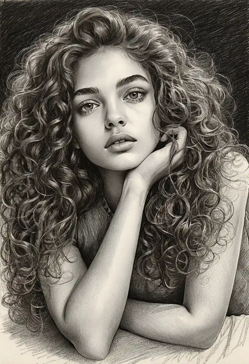 Charcoal pencil portrait of a girl resting on her arms