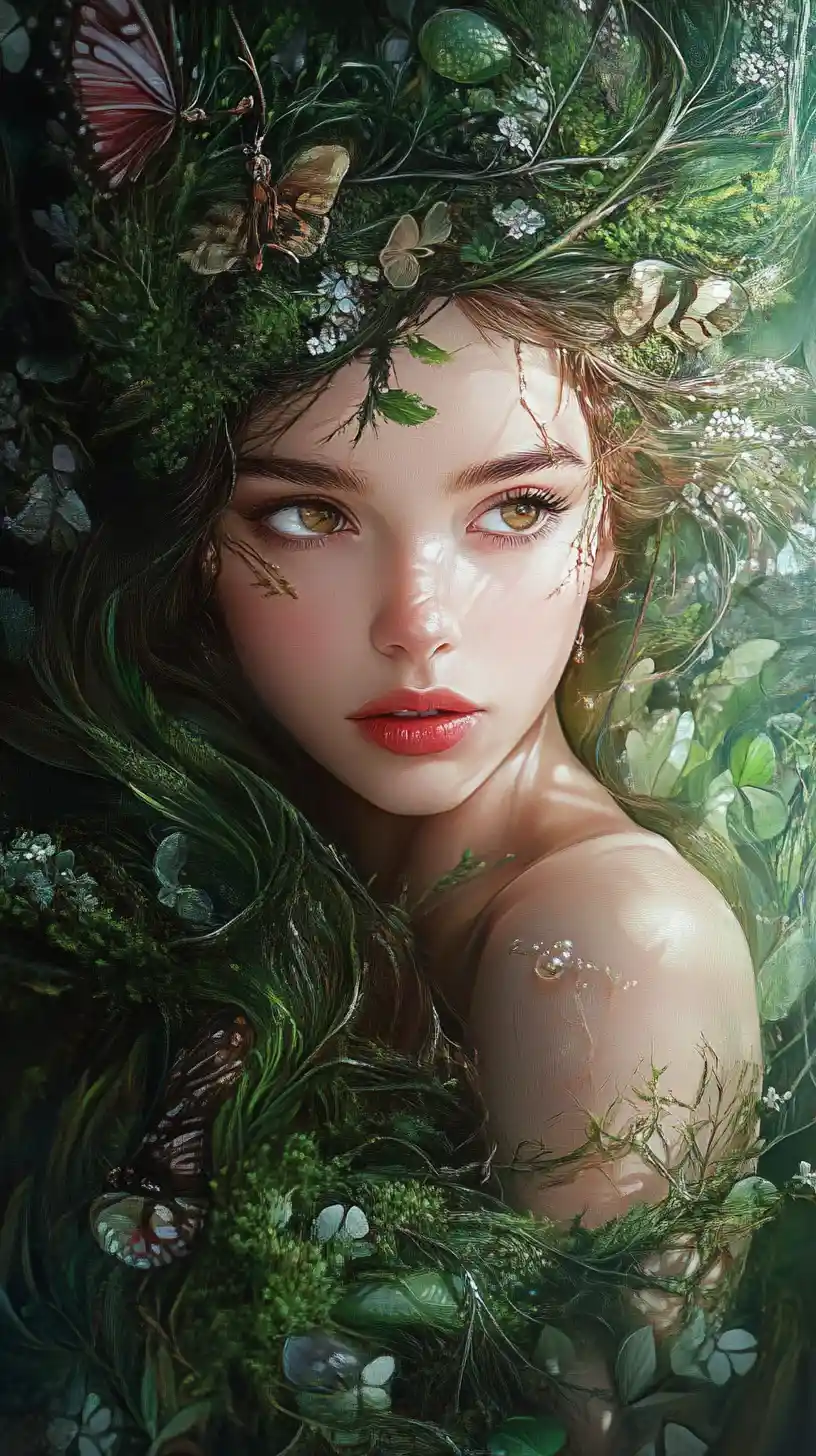 Forest princess with amber eyes in pop art illustration