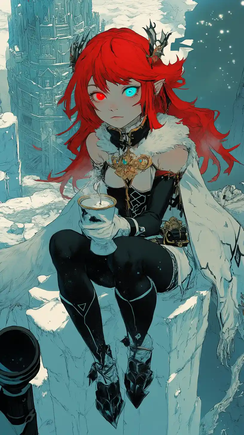 Blue skinned fantasy girl with sword on cliffside