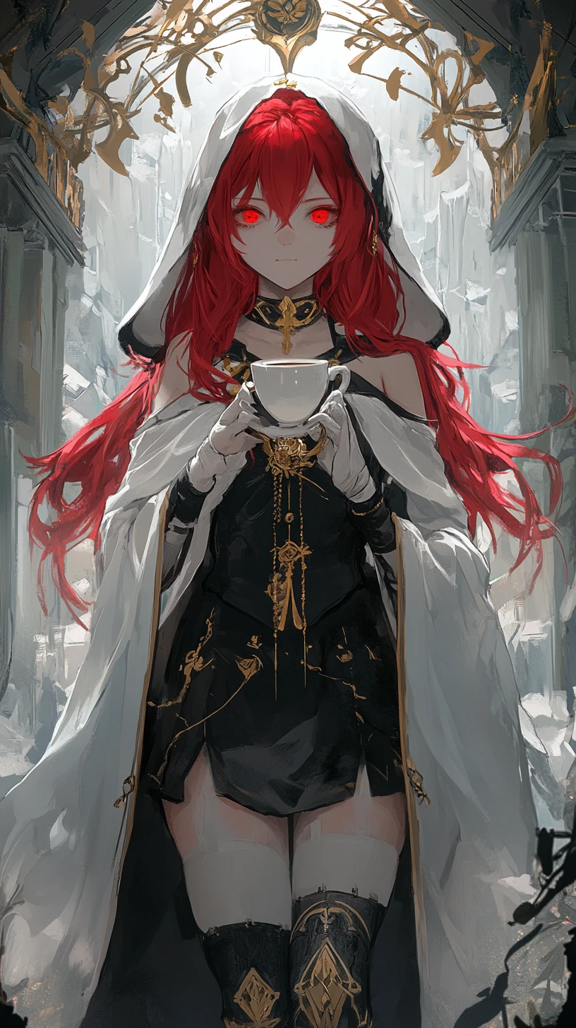 Red haired fantasy girl with sword on overgrown cliff