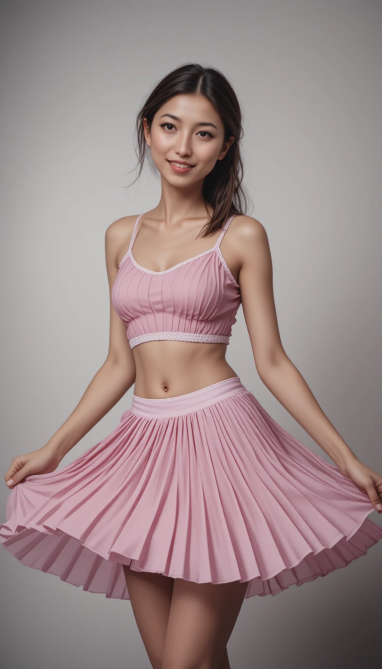 笑容洋溢的年輕女子轉圈揚起百褶裙