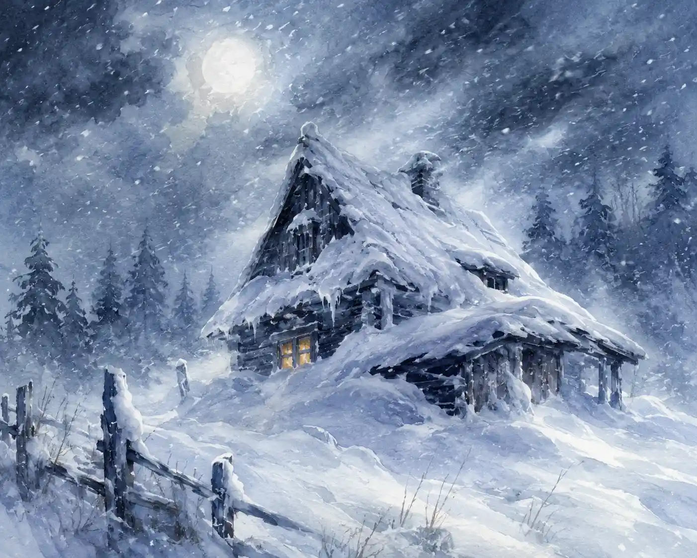 Rustic farmhouse in a violent winter blizzard watercolor scene