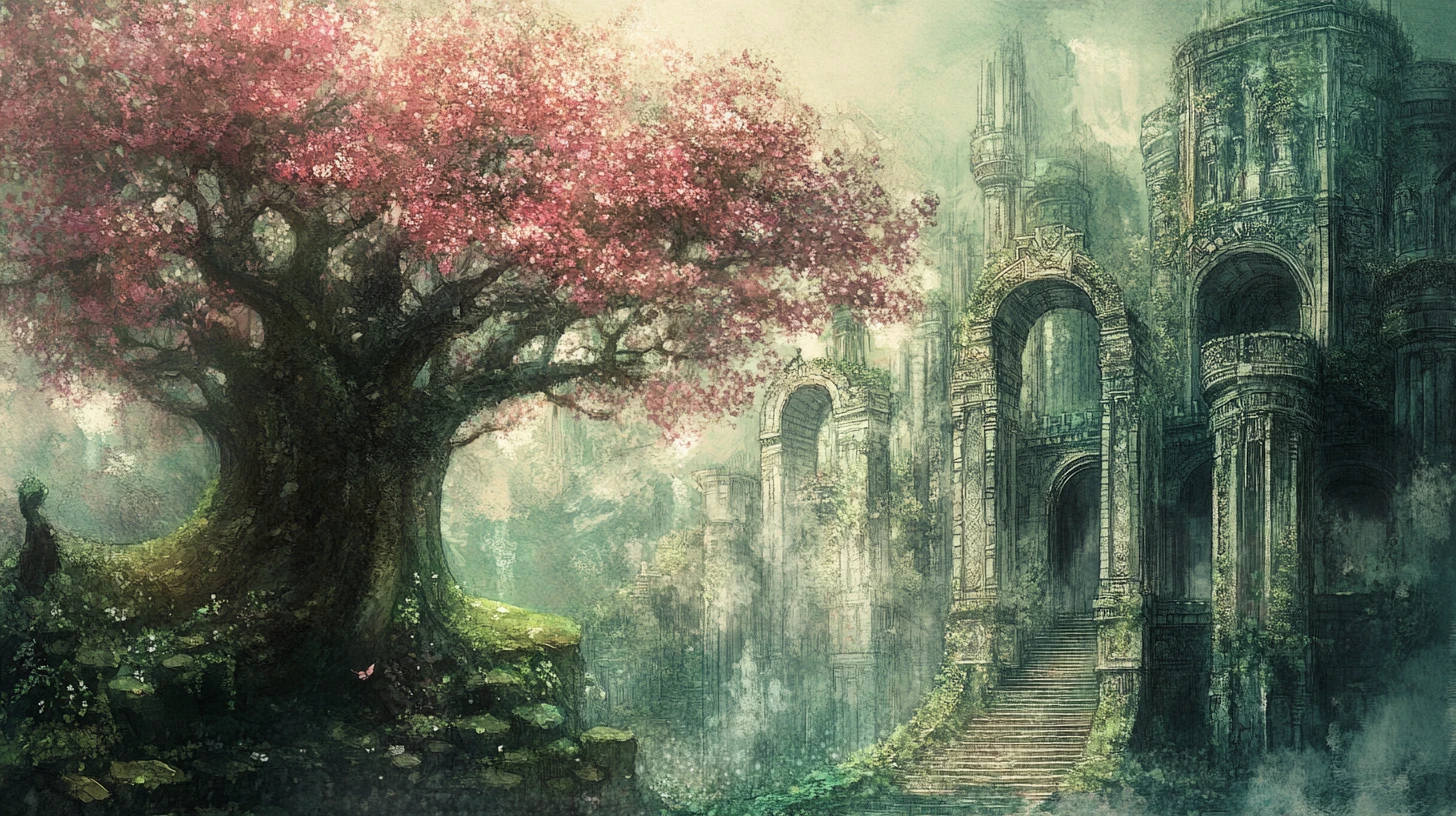 Ancient garden of living trees merging history and time