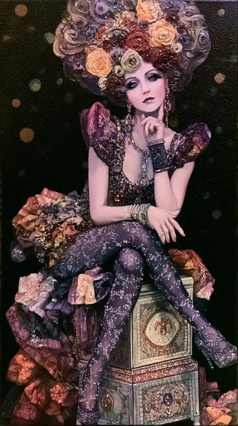 Mystical fashion woman posed on tall ornate armoire