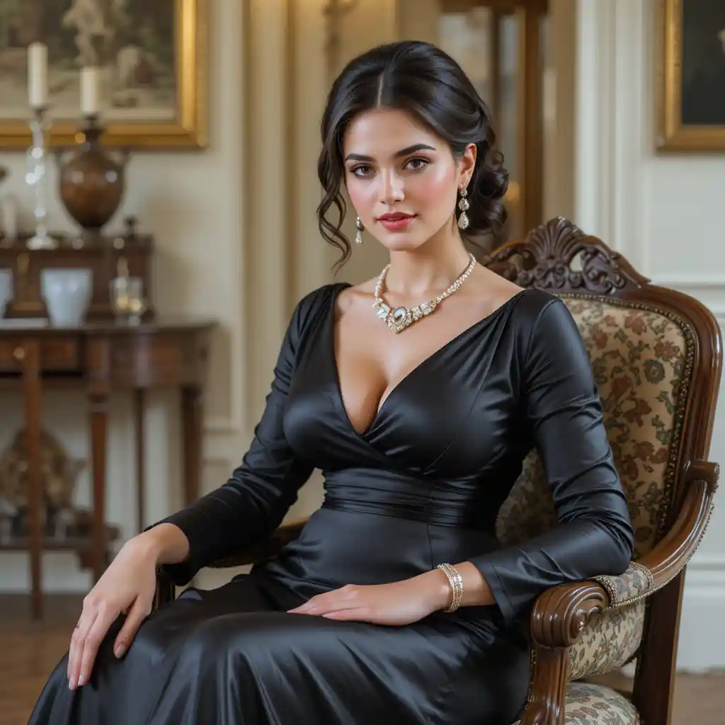Elegant young Greek woman in satin dress at stately home