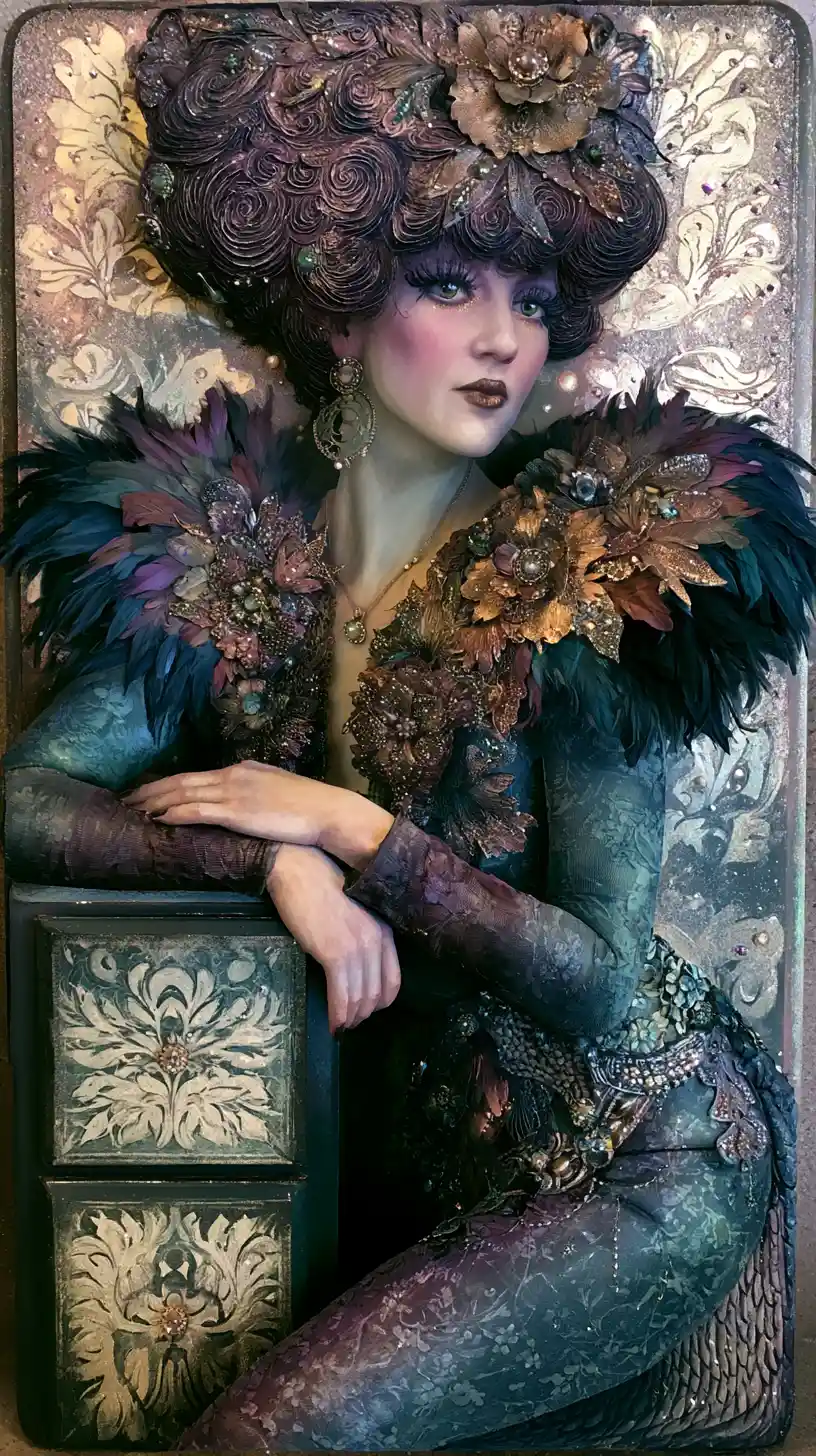 Mysterious fashion woman posing on a tall abstract armoire