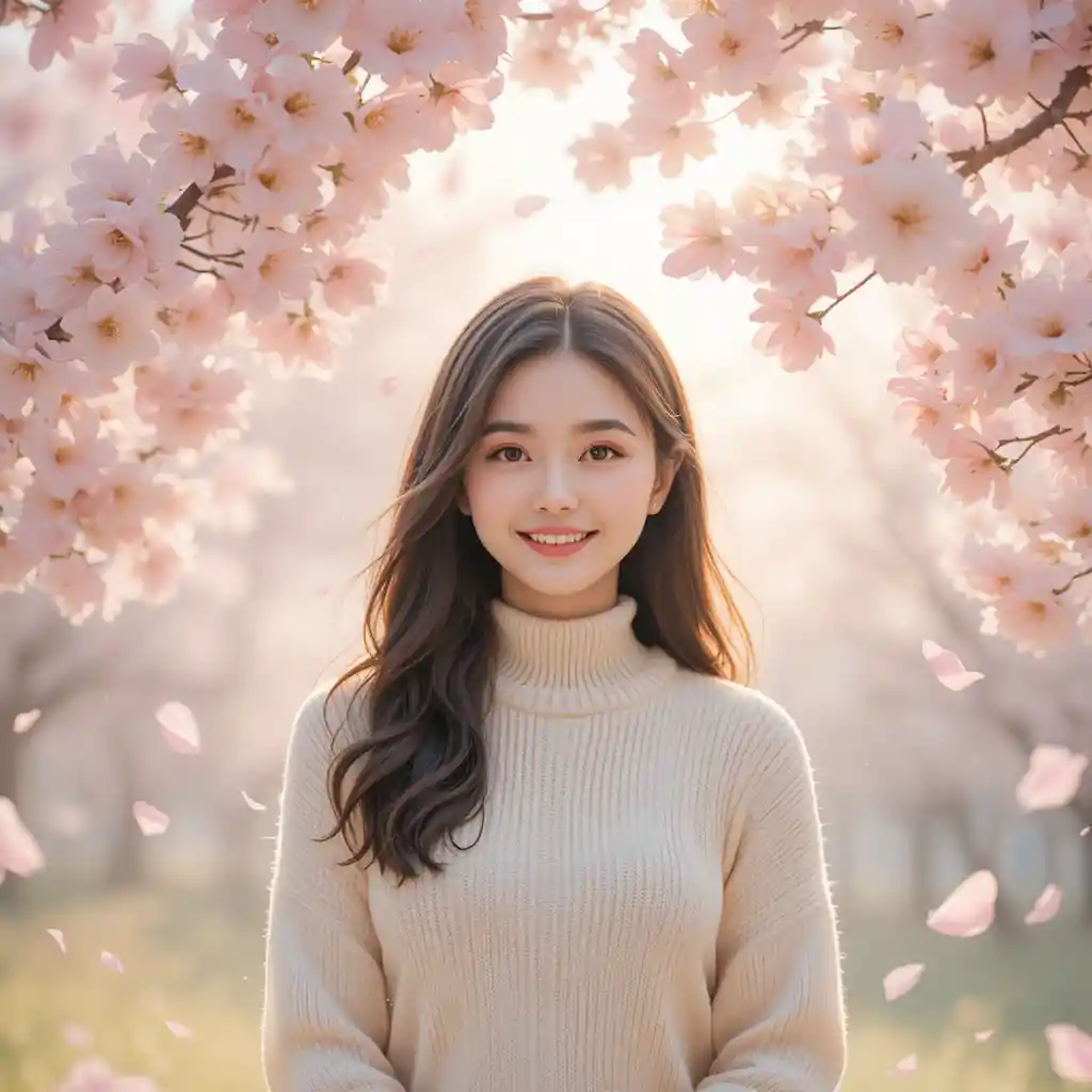 Korean girl under cherry blossoms in soft morning light